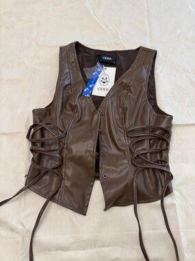 Cider Chocolate Brown Leather Lace-Up Vest New Small
